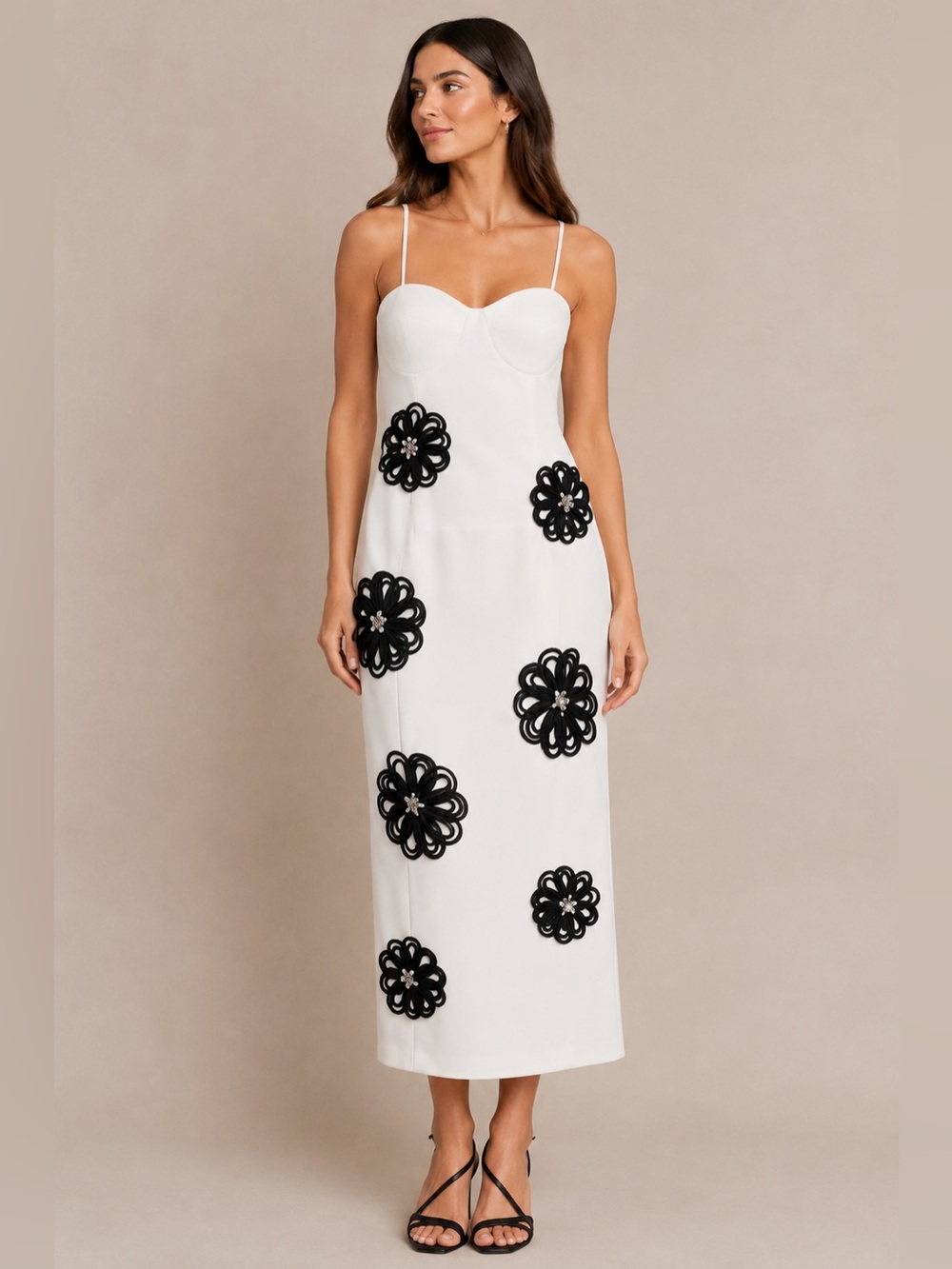 Antonio Melani Jolie Floral Applique Midi Dress Size 8 White Black Sweetheart